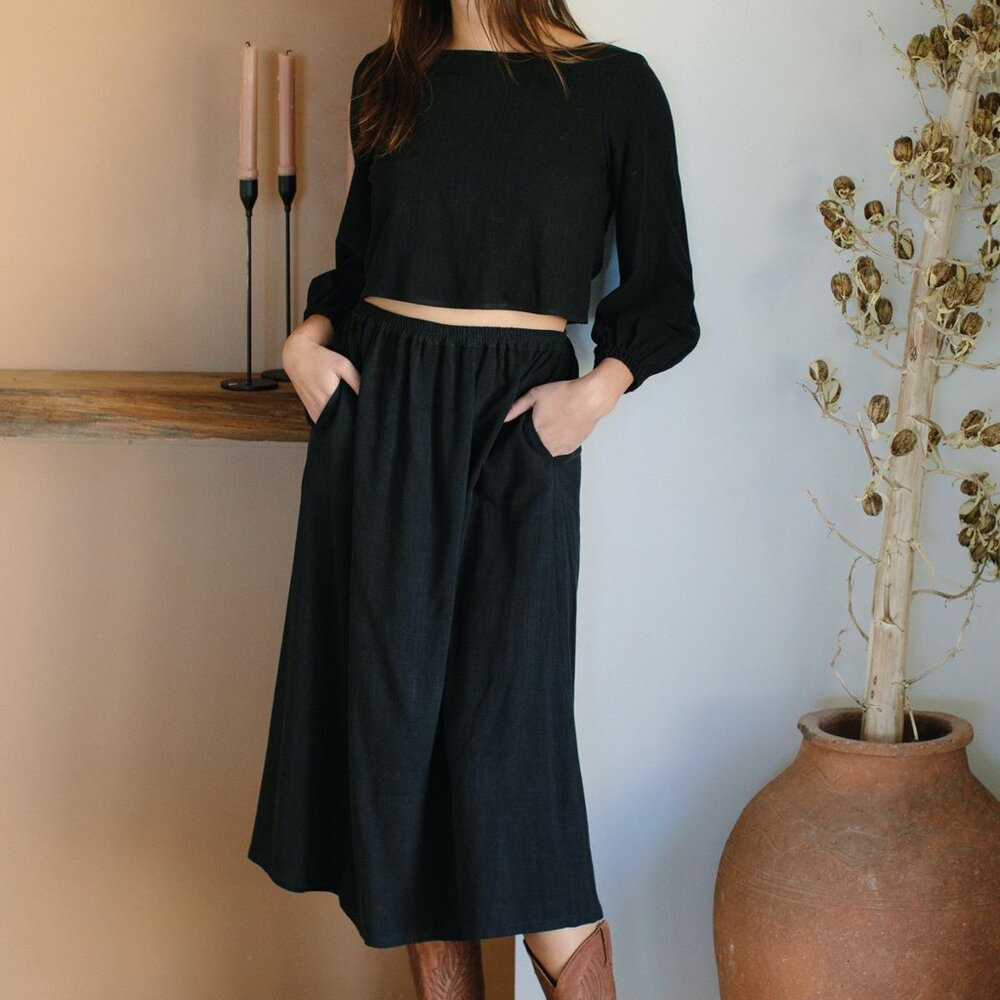 Rachel Pally Black Linen Blend Midi Skirt
